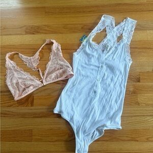 Free people intimately L bundle White Lace Bodysuit and Pink Lace Bralette